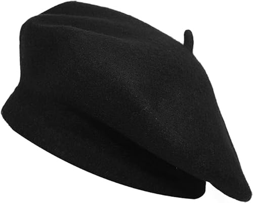 SARIMON Wool French Beret Hat for Men and Women in Plain Colours (Black)