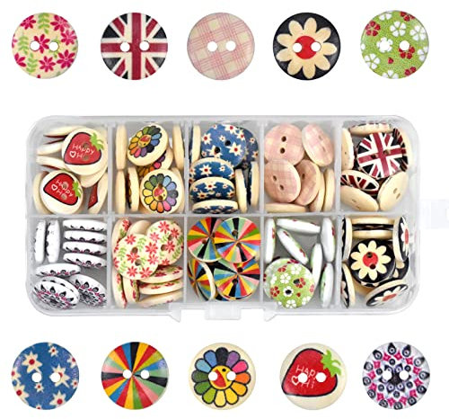 100 Stück 10 Designs 2 Löcher Holzknöpfe Kinderknöpfe Handmade Runde Form Knopf, Kurzwaren Set Knöpfe für DIY Stricken Nähen Strickjacken Kleidung Malerei Deko, 15mm, mit Kunststoff Box