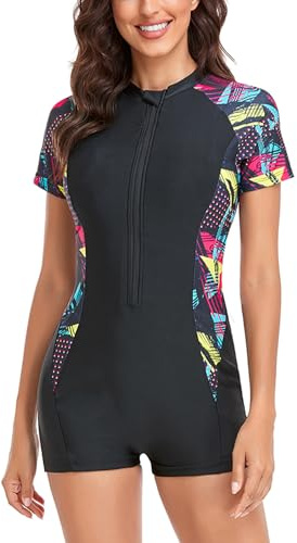 FEOYA Women One Piece Swimsuit Short Sleeve Rash Guard Front Zipper Surfing Suit Boyshort Swimwear Wetsuit Ladies Sporty Swimming Costume B Black L