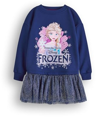 Disney Vestido de suéter para niñas Frozen | Sudadera Princesa Elsa para niños con Falda de Tul Brillante en Azul Marino |Mercancía Regalo Niños