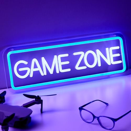 NELUX Neon LED Gaming Room Deko Schild Game Zone, Neon Gamer Sign Wand Zimmer Lampe, Gaming Beleuchtung Setup Licht Light, Neonschild Wall Schilder Wanddeko. USB-Verbindung mit Dimmer.