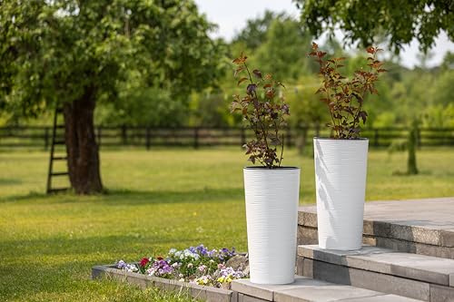 Tall Round Textured Flower Pot With Insert - Indoor Outdoor Garden Planter for Plants (White, 30cm x 57cm)
