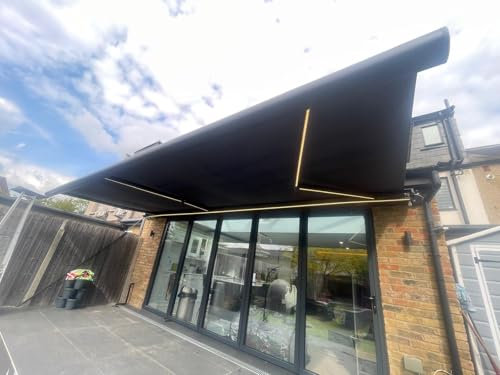 Full Cassette Retractable Electic Awning– Motorised Remote Control, LED Lighting, Weatherproof UV Protection Fabric | Outdoor Patio, Garden, Shop, or Balcony Shade Canopy (Black Frame, 4m x 2m)