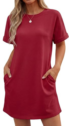Grecerelle Klänningar Dam Sommar Kortärmad Strandklänning A-linje Elegant Rund Hals Sommarklänningar med fickor Enfärgad Sommarklänning T-shirtklänning Lätt och Luftig Fritidsklänningar, vinröd, L
