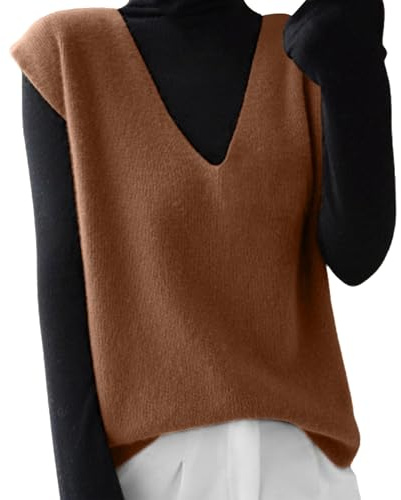 YBWZH Women's Sleeveless Jumpers Lady's Knitted Cashmere Sweater Vest V Neck Pullover Knitting Tank Top Christmas for Girl Casual Travel (Brown, L)