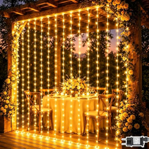 yowin 2-delad bröllopsljusslinga, 300 LED-ljusgardin med transformator, timer, 8 lägen, vattentät ljusgardin för bröllop, sovrum, fönster, jul, utomhus, inomhus, dekorationer