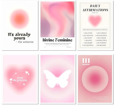 Aura - Juego de 6 pósteres Aesthetic rosa, decoración dormitorio niña (21 x 30 cm, sin marco)