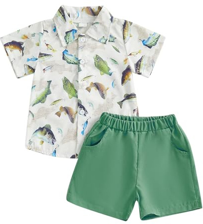 Gaono Toddler Baby Boy Fishing Outfit Fish Print Short Sleeve Button Down Shirt and Shorts Set 2Pcs Summer Clothes (Green, 2-3T)
