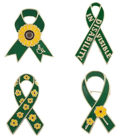 Lot de 4 épingles à épinglettes en alliage avec ruban vert tournesol pour personnes handicapées, 3 cm, métal, sans pierre précieuse, 3cm(1.2), Métal, Pas de gemme