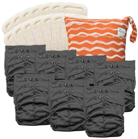 Babies Beginning Paquete de 7 pañales de tela reutilizables con interior AWJ, incluye 14 insertos absorbentes y 1 bolsa húmeda, ajustables, impermeables y lavables (medianoche, insertos de algodón)
