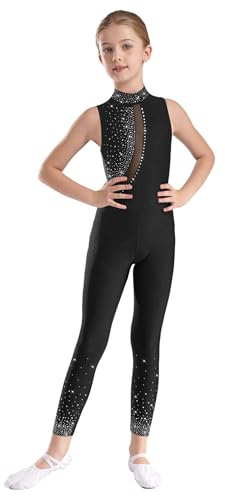 Moggemol Fille Enfants Collant Paillettes Corps Entier Collant Jersey Sans Manches Ballet Unitard Acrobaties Vêtements De Danse Noir 9-10 ans