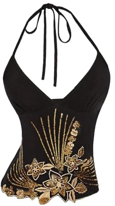 BEAUDRM Women's Gold Sequin Halter Tops Y2k Sparkly Floral Camisole Going Out Crop Tops Summer Outfits Party Clubwear Black and Gold Large