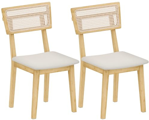 HOMCOM Lot de 2 chaises de Salle à Manger, chaises de Cuisine Modernes avec Dossier Effet rotin, Cadre en Bois d'hévéa, pour Salon, Chambre, Cuisine, Effet Bois Naturel