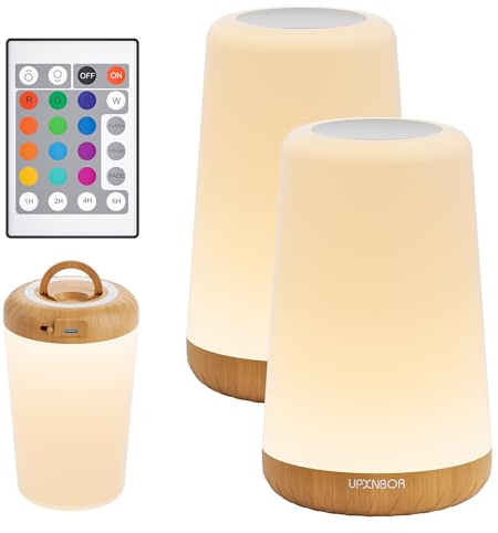 UPXNBOR Lámpara de noche LED con mando a distancia, regulable con 13 colores RGB y 4 modos, lámpara de mesa inalámbrica con temporizador y gancho, recargable por USB, luz nocturna portátil para