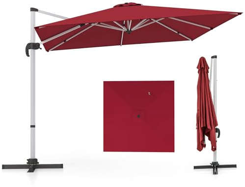 Sombrilla cuadrada voladiza para patio, rotación de 360°, diseño de inclinación de 8 varillas, base cruzada, fácil manivela, parasol para jardín, mercado y terraza (vino)