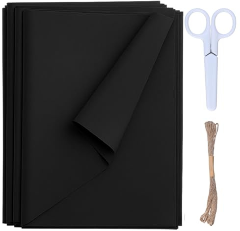 72 Hojas Papel de Seda para Envolver Regalos, Papel de Regalo, 70x50 cm, Papel de Seda Negro para Envolver Regalos, Decoración Artesanal Diy, Viene con 10 Metros Cordel y Tijeras