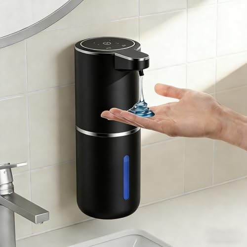 Dispensador de jabón Fantictas Montaje en pared automático con sensor infrarrojo, dispensador de jabón eléctrico de 380 ml sin perforación con batería USB, plástico negro IPX5