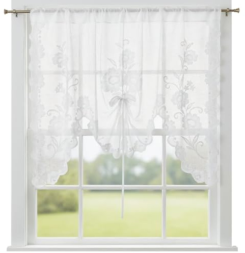 Larrel White Semi-Sheer Floral Lace Curtain, Hollow Knitted Valances for Windows, Short Embroidery Window Valances for Kitchen, Half Window, Bathroom, Bedroom, Living Room and Cafe Decoration