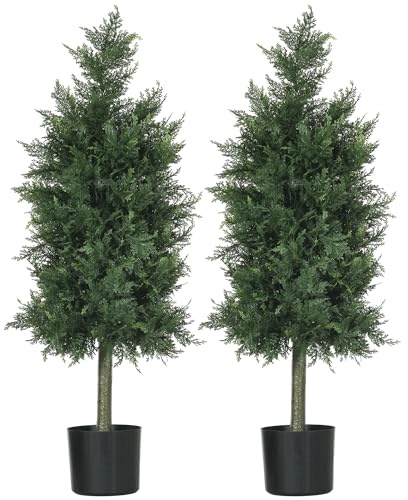 HOMCOM Lot de 2 Plantes artificielles Cèdre Arbre Artificielle avec Pot pour intérieur et extérieur, Conifère, 38L x 12,5l x 90H cm, Hauteur 90 cm, Vert