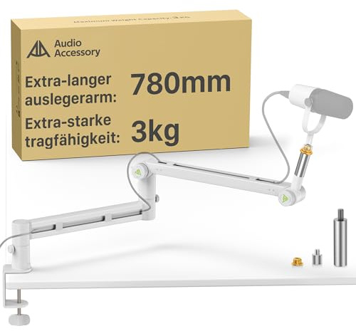 Brazo de suspensión bajo perfil (para micrófonos pesados) - Capacidad de carga 3 kg, estructura de bloqueo de engranaje estable que no se baja, soporte de micrófono de metal montado, Blanco