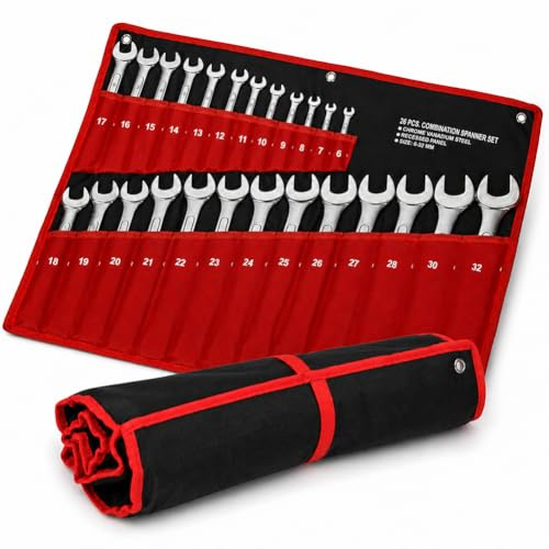 BAKAJI Set Chiavi Combinate 25pz Fisse e Stella 6-32mm in Acciaio al Carbonio con Astuccio in Tessuto