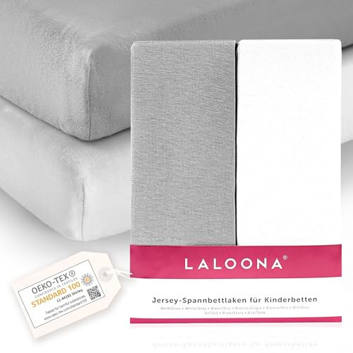 LaLoona Bettlaken Set für Matratzen 60x120 / 70x140 cm - 2X Baby Spannbetttuch Jersey aus 100% Baumwolle für Babybett und Kinderbett, Oeko-TEX® schadstoffgeprüft - 2 Stück (Weiß Grau)