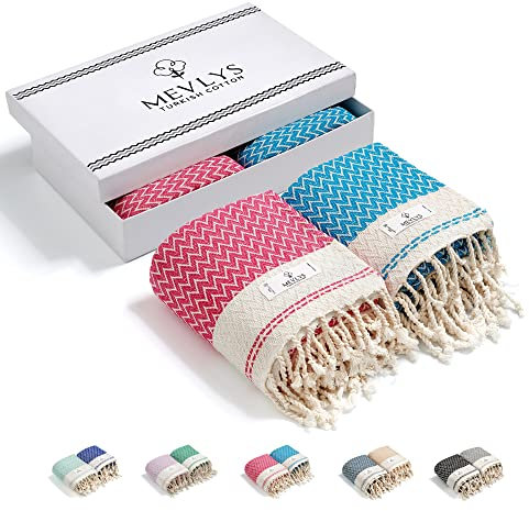 MEVLYS Saunatuch Hamamtuch [2er Pack] Strandtuch Saunahandtuch Badetuch Duschtuch Strandhandtuch Picknickdecke Yogatuch Baumwolle Extra Leicht Damen&Herren (Kirschblütenrosa/Türkis)