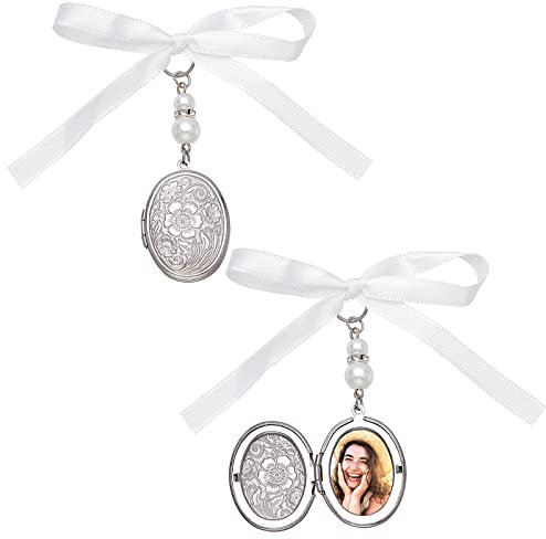 SUPERFINDINGS 2Pcs Wedding Bouquet Charm Oval Bridal Wedding Bouquet Photo Charms 316 Stainless Steel Locket Pendants Decoration 75mm Memorial Angel Photo Charm for Engagement Bridal Party Decor
