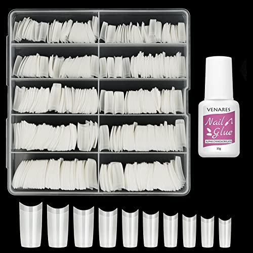 Nageltips für Gelnägel, Venares 500 Stücke Acryl Künstliche Nägel 10 Größen Nageltips mit Kleber, Acryl Künstliche Nagelspitzen Set (Natürlich)