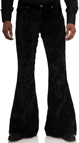 Men's Velvet Relaxed Vintage 60s 70s Bell Bottom Stretch Fit Classic Comfort Flared Flares Retro Leg Disco Pants, Black, Medium