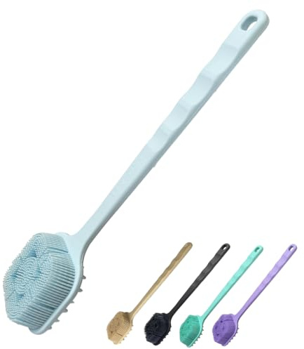 Rexzono Spazzola esfoliante per il corpo in silicone a doppia faccia, con manico lungo, in luffa per doccia, pulizia delicata per donne e uomini, facile da pulire e schiumare