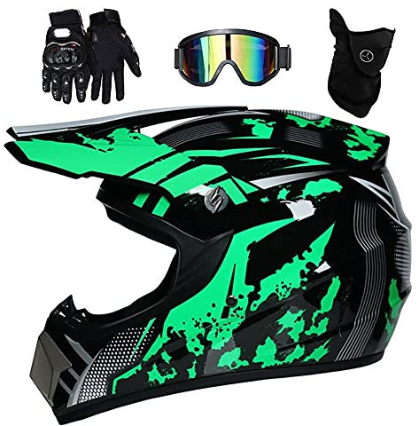Jugend Kinder Motocross Helm Satz, Vollgesichtig Offroad MX Motorrad Helm ATV Roller Schutzhelm, Bergab Enduro MTB-BMX Dirtbike Absturz Helm, mit Brille Handschuhe Maske(Green,M/54-55CM)