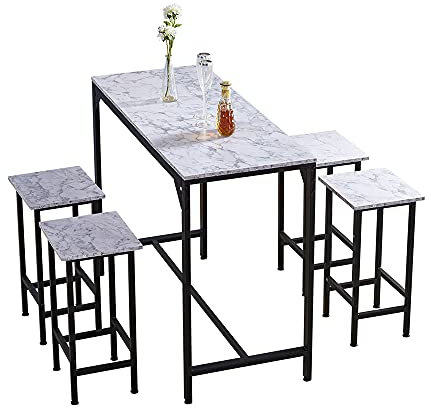 Ensemble de table de bar moderne avec tabourets pour cuisine, petit déjeuner, salle à manger avec plateau en bois et cadre en métal noir, idéal pour la maison et l'appartement (4 chaises)