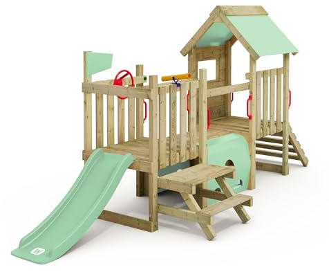 Wickey My First Playground - Torre da gioco, 1 pezzo per bambini, in legno massello impregnato, con scivolo e telone, verde pastello 2