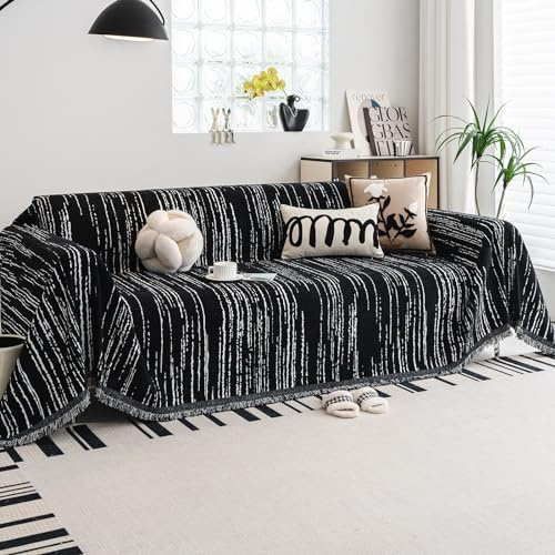 WEYOND Housse de Canapé en Chenille avec Franges, Protege Canape Couvre Canapé Lavable, Plaid de Protection pour Canapé d’Angle, 1/2/3/4 Places (180 x 260 cm, Noir)