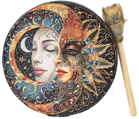 Tambor de chamán egipcio, tambor espiritual de luna, marco de faraón, ceremonial hecho a mano de 10 pulgadas con , mano ritual de la de para curación y meditación con sonido