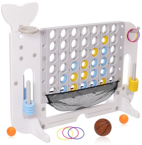 4 in 1 Conecta 4,Juego 4 en Raya Gigante Altura Ajustable con 42 Anillos Gigantes,1Red,3 Anillos,1 Basketball,2 Golf,1 Palo de Golf y Palanca de Liberación Rápido,Juego de Estrategia para Niños(Azul)