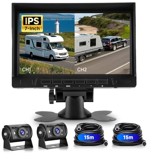VECHTEL 1080P HD 2 x backkamerakabel med 7 tums IPS-skärm, 2 delad skärm/parkeringshjälp, IP69 AHD backkamera bil mörkerseende för SUV lastbil husbil med solskydd, 2 x 15 m kabel, 12