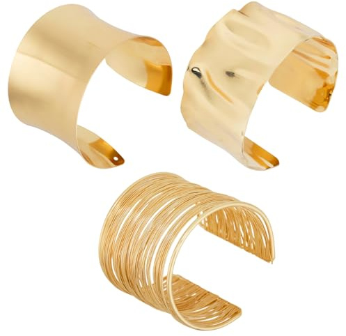 Mikovivi 3pcs Gold Bangle Bracelets Set for Women, Smooth Wire and Hammered Open Cuff Irregular Minimalist Wide Chunky Statement Arm Cuff Upper Arm Adjustable Wrist Jewelry for Party Daily Gifts