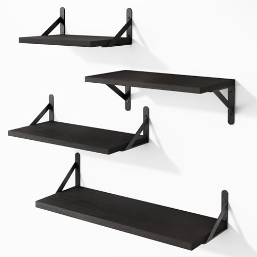 Qaxinmi Floating Wall Shelves Set of 4, Black Wooden Shelves with Brackets, Different Sizes Wall Mounted Storage Shelf for Living Room, Bathroom, Bedroom, Kitchen