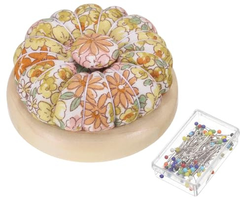 QUARKZMAN Portaspilli con 50 Spilli da Cucito, Carino Cuscino Ago Stile Giapponese Portaaghi Magnetica con Base in Legno per Cucito Quilting Ricamo DIY Artigianato, Motivo Floreale Autunnale