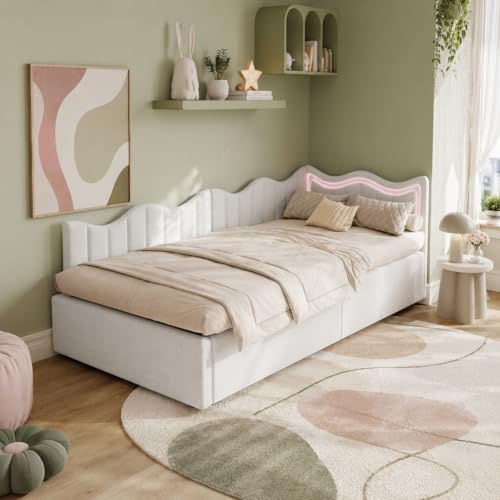 BRILVERDE Cama tapizada Infantil 90x200 cm con LED, sofá Cama con somier, Cama hidráulica con Almacenamiento, Cama Individual, Juvenil, Terciopelo Beige
