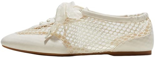 ZYMIKISS Off-White Mesh Sneakers Women Ballet Flats Square Toe Lace-Up Flat Shoes Lightweight Casual Breathable Sporty Footwear Commute-Friendly Elegant Design
