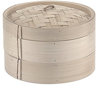 Paderno - Cesta para cocinar al vapor, vaporizador de bambú con tapa, 2 niveles, diámetro 20 cm, color natural