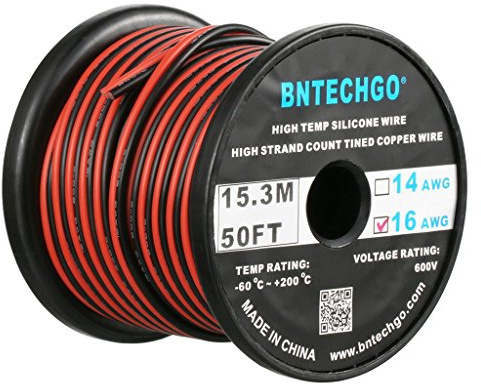 BNTECHGO 16 Gauge Flexible 2 Conductor Parallel Silicone Wire Spool Red Black High Resistant 200 deg C 600V for Single Color LED Strip Extension Cable Cord,Model,50ft Stranded Tinned Copper Wire