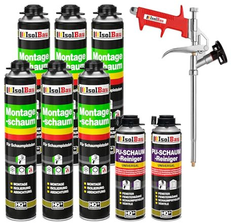 Lot de 6 x 750 ml de mousse polyuréthane monocomposante de construction/montage pour pistolet - Avec 2 nettoyants et un pistolet à mousse