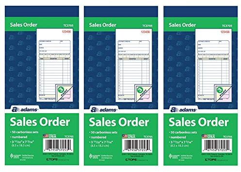 Adams Sales Order Book, 3-Part, Carbonless, White/Canary/Pink, 3-11/32 x 7-3/16 Inches, 50 Sets per Book (TC3705), 3 Pack