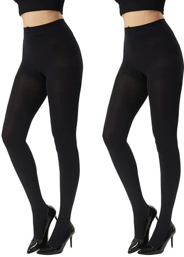 MANZI 2 Pairs 120 Denier Thick Warm Opaque Control Top Black Tights for Women（Large）