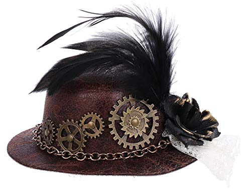 KAMONDA Hat,Halloween Gothic Mini Top Hat Steampunk Gears Chain Feather Cosplay Hair Clip,20x24cm, Red
