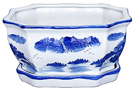 Maceta de cerámica Rectangular Maceta de Porcelana Azul y Blanca con Bandeja Balcón Interior Plantas Verdes Suculentas Banyan Espárragos Bonsai Maceta Cerámica (Size : Small)